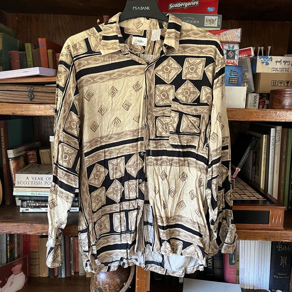 Soft vintage men’s button down, size L, tan and black pattern
